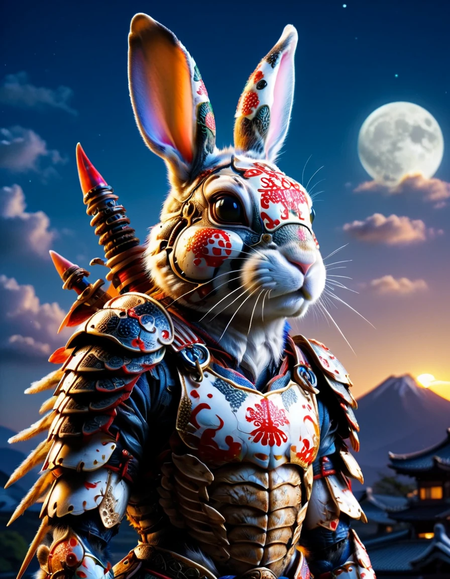 a japanese warrior bunny wearing traditional ral-anmlsktn, at night, bright sky, glowing background light <lora:ral-anmlsktn:1>