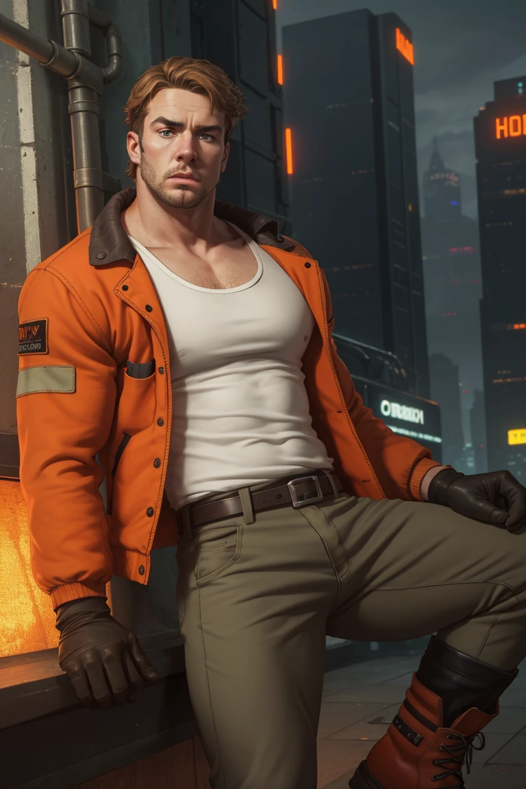 (1 image only), solo male, Gagumber, Sakugan, physical laborer worker, brown hair, two-tone hair, stubble, green eyes, thick eyebrows, (white tank top), (orange High-visibility jacket), open jacket, green work pants, black boots, black gloves, mature, handsome, charming, alluring, ((portrait, close-up)), perfect anatomy, perfect proportions, high_resolution, dutch angle, detailed background, cyberpunk city<lora:EMS-308232-EMS:0.700000>