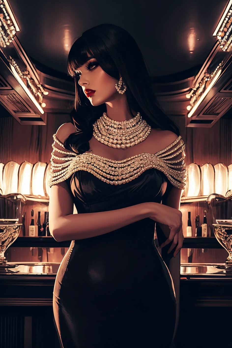 woman, adult, (straight long black hair with bangs), HUD_P3arl_Sh4wl, jewelry, symmetrical shawl made of freshwater pearl,dress, makeup, lipstick, false eyelashes, <lora:HUD_P3arl_Sh4wl-07:0.65>, (speakeasy:1.4), smoky cinematic atmosphere