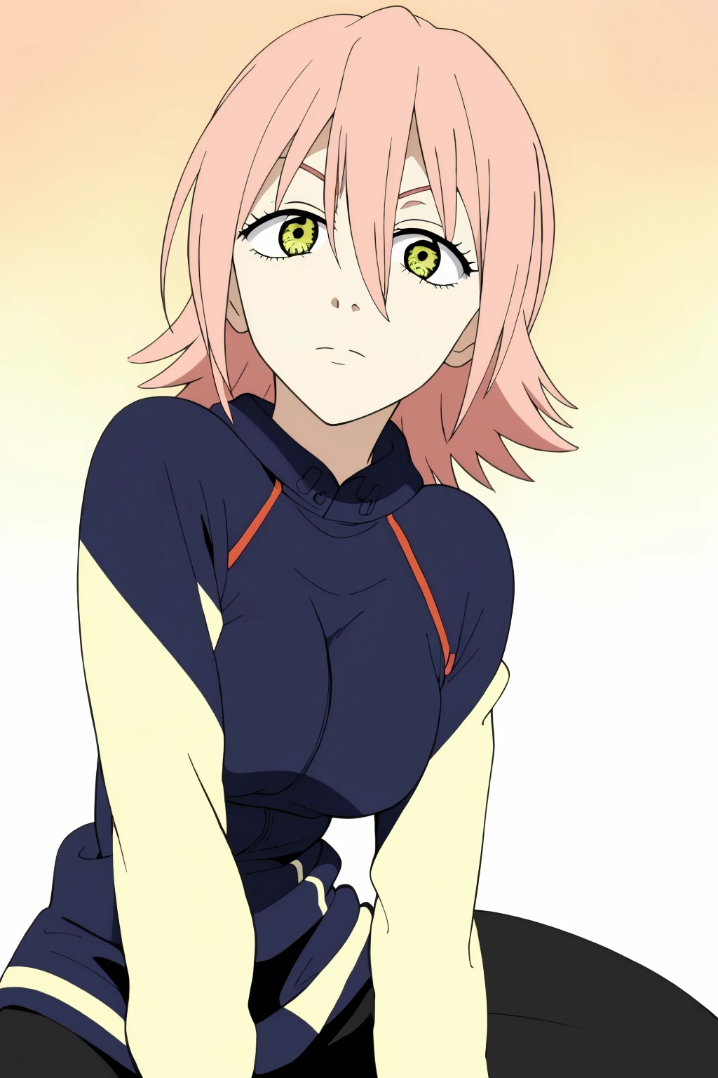 ((best quality)),((highly detailed)),masterpiece,absurdres,detailed face,beautiful face,(detailed eyes, deep eyes),1girl,((dynamic pose)) , <lora:HarukoV1:0.8>haruko, yellow eyes, solo, gloves, short hair, pink hair, long sleeves, hair between eyes, pants, bangs, gradient background, gradient, closed mouth, shirt, shaded face, breasts, spiked hair, simple background, short sleeves