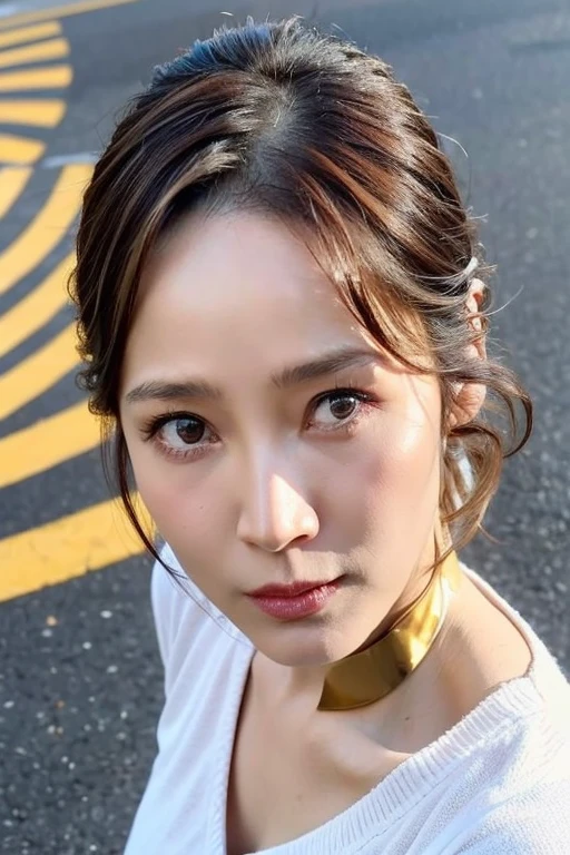 Best quality,masterpiece,ultra high res,(photorealistic:1.2),1girl,low key,taipei street alley,dynamic pose,face closeup,<lora:patty_hou:0.9>,brown hair,looking_at_viewer,from_above,short hair,