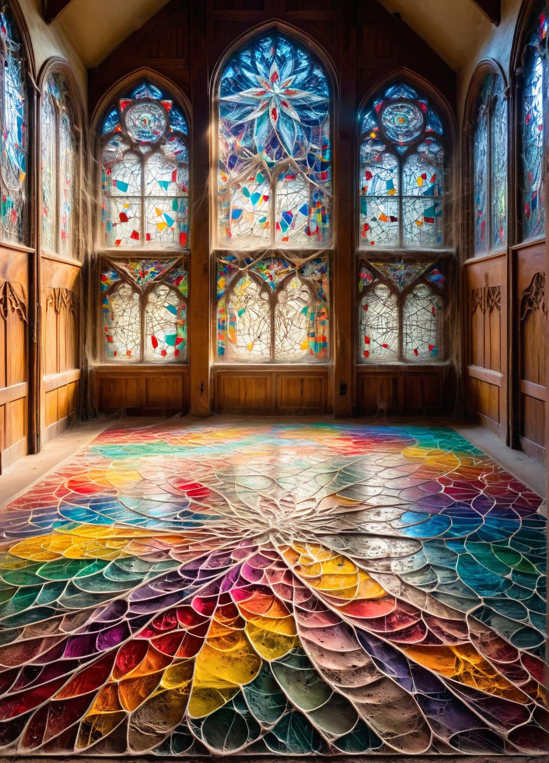 An ais-cbwbs stained-glass window casting colorful patterns onto a dusty floor <lora:ais-cbwbs-sdxl:1>