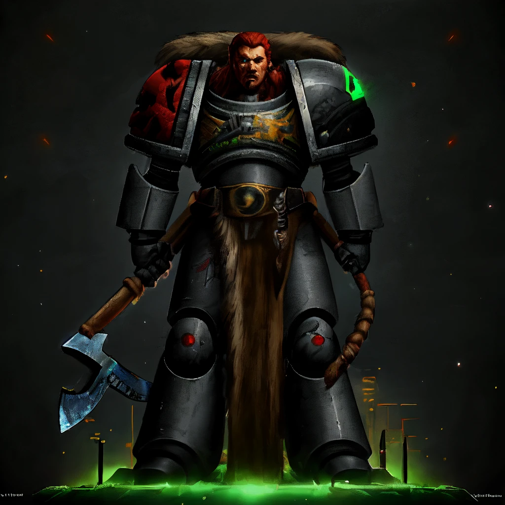 spcwlf, 1boy, male focus, solo, shoulder armor, pauldrons, full body, power armor, holding axe, science fiction, red hair, braid, action pose, fur cloak, alien temple, pipes, wires, green glow, toxic waste, obsidian tablets,