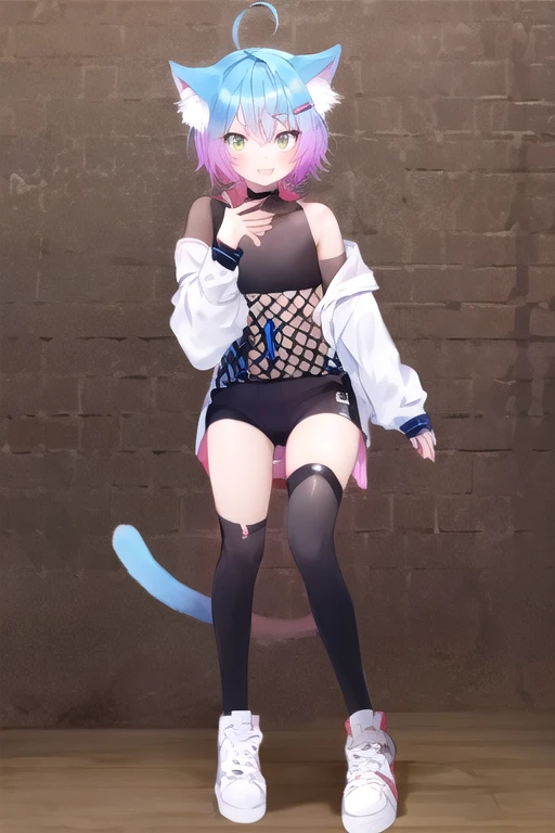 cat ears, 1boy, blue eyes, violet hair, big short fluffy hair, cat tail, vibrant, HD, black shirt, black booty shorts, accurate hands, black thigh socks, smug, big butt, big thighs, toned abs, no shoes, accurate legs, ((cum on face))