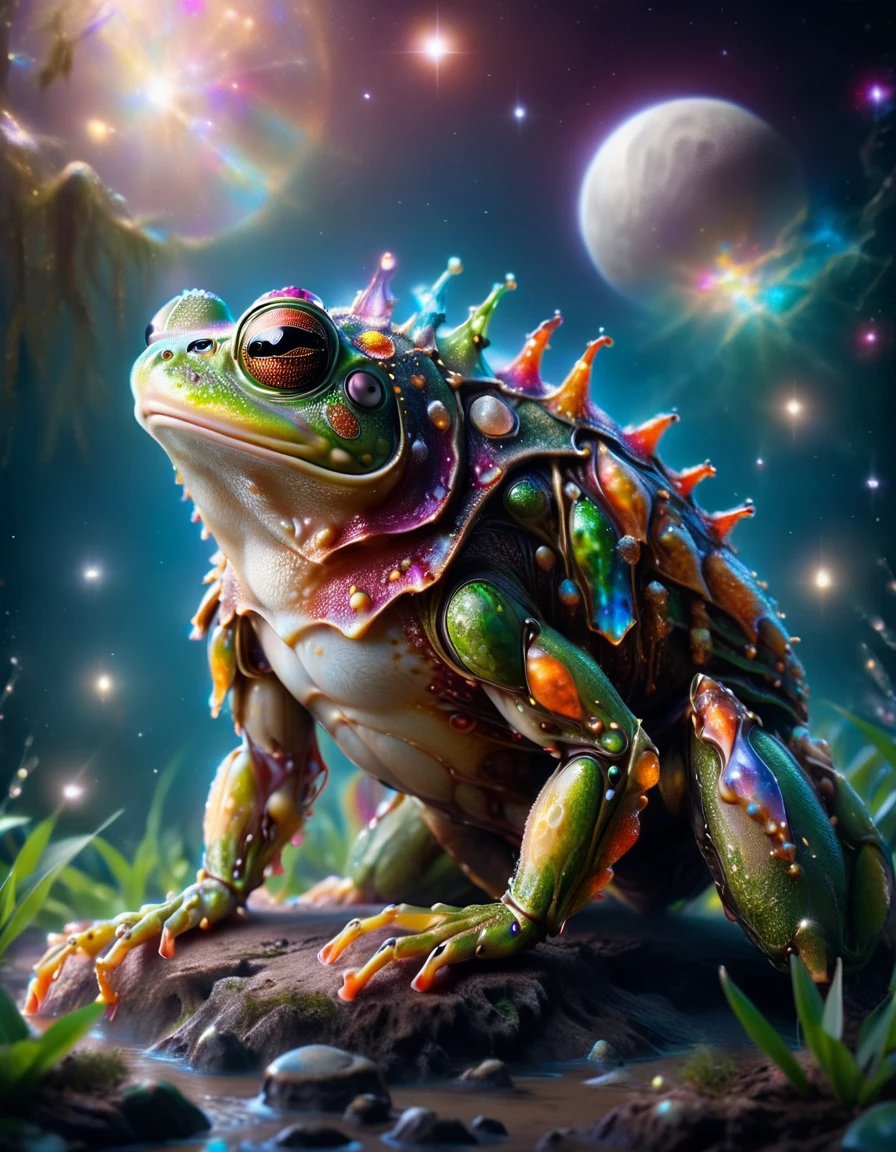 macro photo, a beautiful frog wearing ral-anmlsktn, glowing lights, beautiful magical sparkles, moon dust particulates, vibrant whimsical colors <lora:ral-anmlsktn:1>