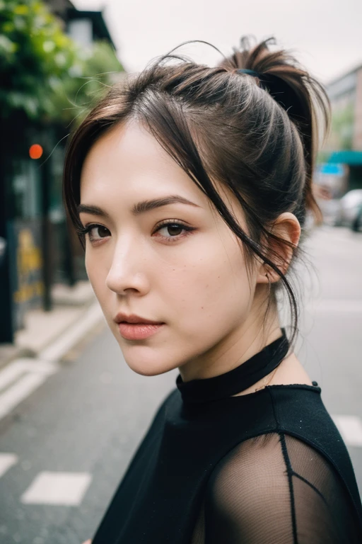 Best quality,masterpiece,ultra high res,(photorealistic:1.2),1girl,low key,taipei street alley,dynamic pose,face closeup,brown hair,looking_at_viewer,<lora:ann_hsu:0.9>,high ponytail,