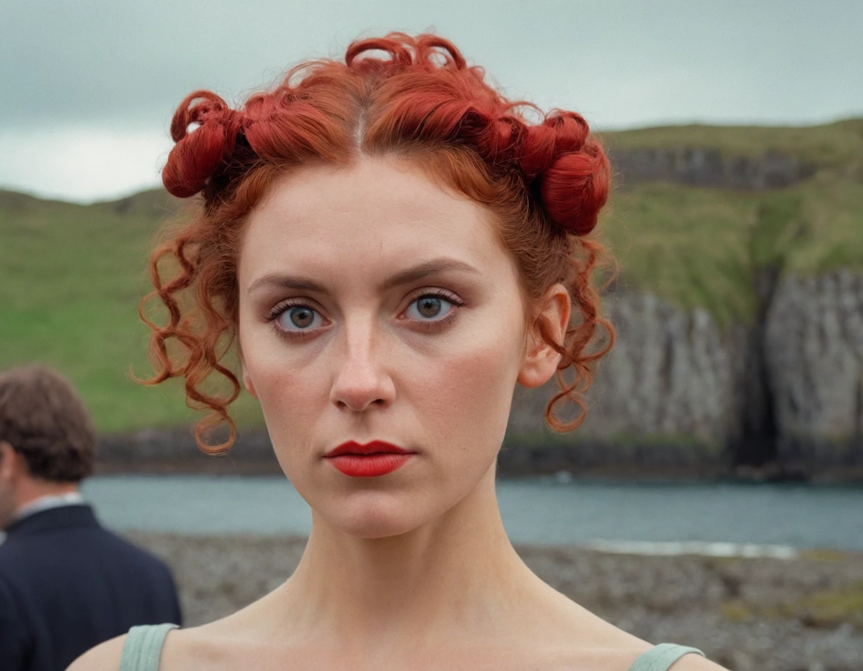 cinematic photo analog style portrait of an Digital art of northern irish woman with Red Chignon hair , photorealistic, curly hair, highly detailed, artstation, smooth, sharp focus, art by michael whelan, artgerm, Darek Zabrock . wes anderson movie, still from stanley kubrick movie, 35mm photograph, film, bokeh, professional, 4k, highly detailed