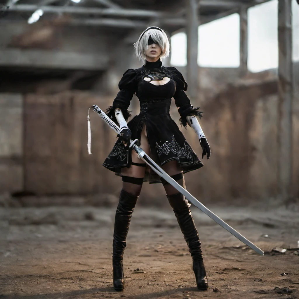 a woman in a black outfit with a sword in her hand, postapocalyptic background  <lora:2B_Nier_Automata_1024:0.8>