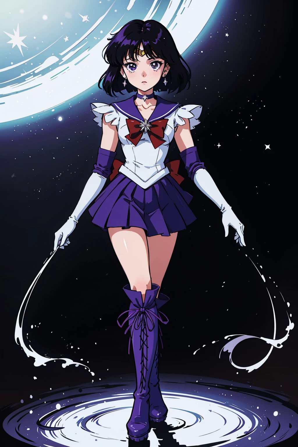masterpiece, best quality, 1girl, solo, looking at viewer, anime screencap,1990s \(style\), (art by Naoko Takeuchi), <lora:EPsmSailorSaturn-08:0.7>, EPsmSailorSaturn, short hair, black hair, purple eyes, purple sailor collar, star choker, magical girl, lace-up boots, back bow, boots, jewelry, purple skirt, elbow gloves, full body, gloves, brown bow, pleated skirt, cross-laced footwear,bow, sailor collar, tiara, standing, earrings, solo, star brooch, knee boots, purple footwear, star (symbol), sailor senshi uniform, skirt, choker, white gloves, brooch