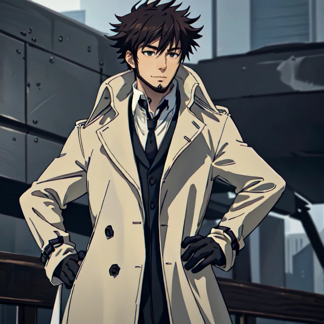 solo male, Genma Shizume, Asian, Japanese, black hair, chinstrap beard, sideburns, black eyes, calm eyes, slitty eyes, (white collared shirt, black necktie, black jacket:1.3), (brown trench coat, open trench coat:1.3), black pants, black gloves, mature, masculine, handsome, charming, allurin, smile, standing, upper body, hand on waist, perfect anatomy, perfect proportions, (best quality, masterpiece, high_resolution:1.3), perfect eyes, dutch angle, cowboy shot<lora:EMS-308260-EMS:0.700000>, <lora:EMS-498-EMS:0.700000>