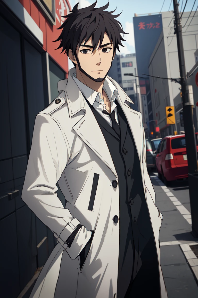 solo male, Genma Shizume, Asian, Japanese, black hair, chinstrap beard, sideburns, black eyes, (white collared shirt, black neckti, black jacket), ((brown overcoat, open overcoat)), black pants, black gloves, mature, handsome, charming, allurin, smile, standing, upper body, perfect anatomy, perfect proportions, (best quality, masterpiece, high_resolution:1.3), perfect eyes, dutch angle, cowboy shot<lora:EMS-308260-EMS:0.700000>