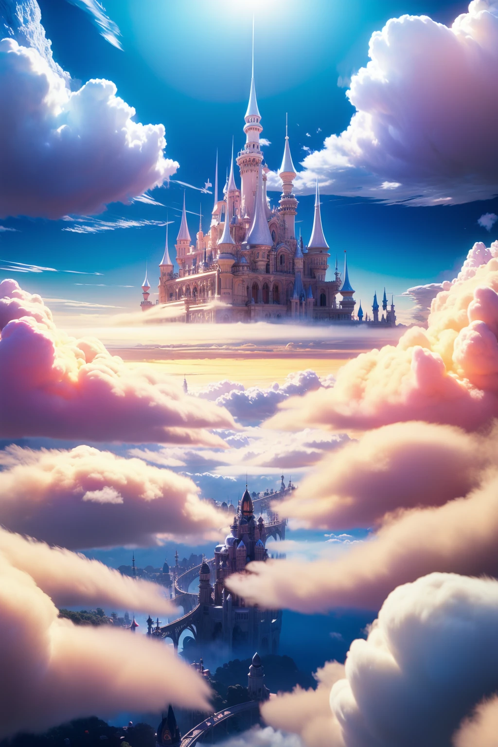 <lora:mhxy:1>mhxy, cloud, scenery, no humans, sky, fantasy, above clouds, outdoors, cloudy sky, castle, city