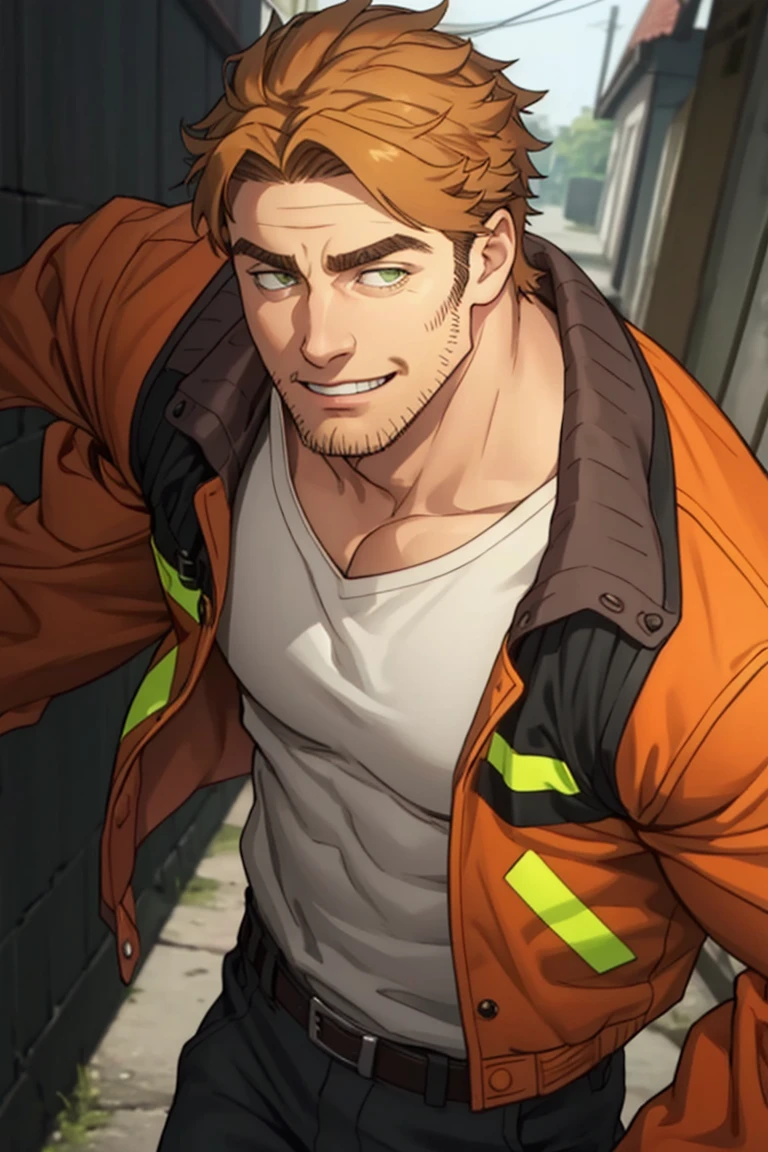 (1 image only), solo male, Gagumber, Sakugan, physical laborer worker, brown hair, two-tone hair, stubble, sideburns, green eyes, thick eyebrows, (white tank top), (orange High-visibility jacket), open jacket, green work pants, black boots, black gloves, mature, handsome, charming, alluring, smile, (portrait, close-up), perfect anatomy, perfect proportions, high_resolution, dutch angle, detailed background<lora:EMS-308232-EMS:0.800000>