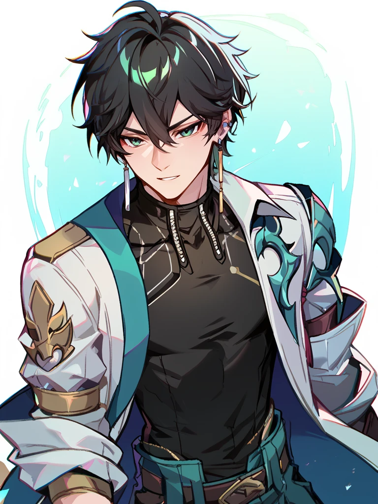 <lora:XL_danheng(pony)2:1>,danheng is a boy with short black hair and green eyes,he is wearing the 'dhyifu' outfit black shirt white green coat,<lora:xl_dohna_dohna_style(pony):0.6>, dohna_dohna_style,, score_9,_up score_8_up,
