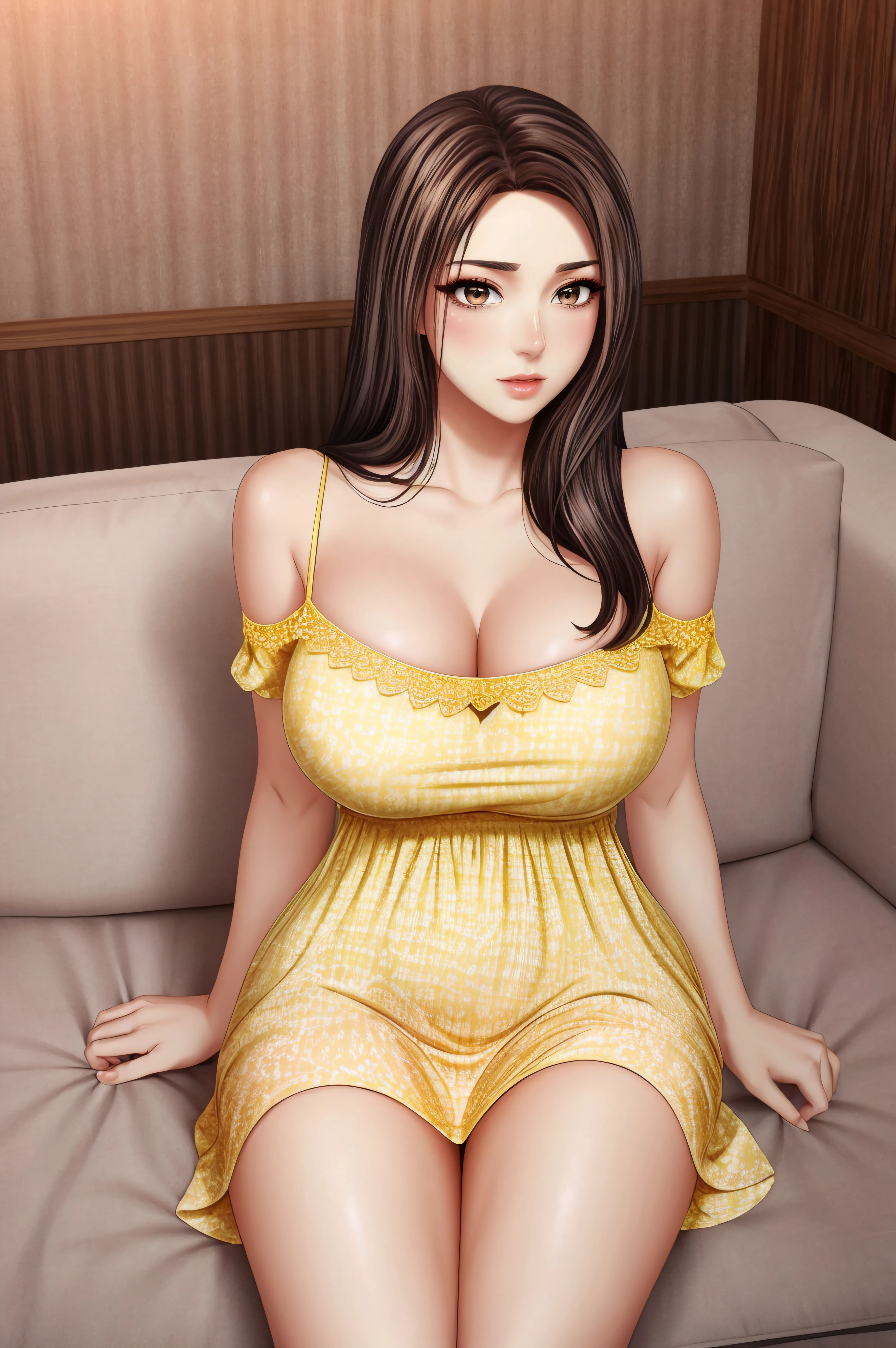 (masterpiece, best quality), <lora:jungyeon-lora-Faxtron:0.8> jungyeon, brown eyes, brown hair, long hair, large breasts, <lora:edgChamYellowSundress:0.8> edgYSD,woman wearing a yellow sundress,
<lora:add_detail:0.8>,