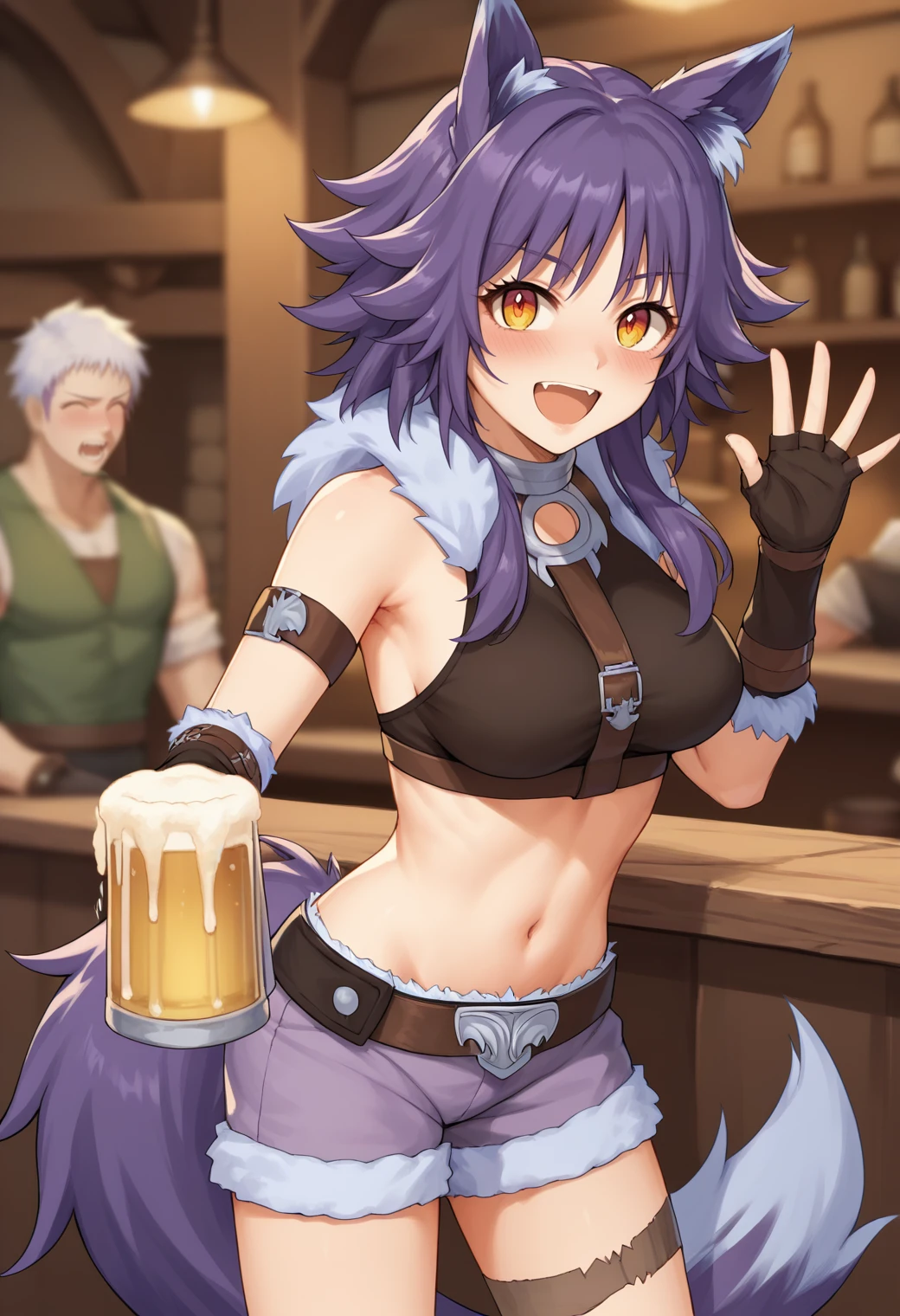 score_9, score_8_up, score_7_up, 1girl, source_anime BREAK  <lora:makotopri_ponyXL-beta-07:1.0>, regMakoto, wolf girl, wolf tail, medium breasts, purple shorts, fur trim, crop top, belt, arm belt, arm strap, fingerless gloves, cowboy shot, looking at viewer, waving, open mouth, !!, motion lines, counter, tavern, beer mug, sharp focus, blurry background, blush,