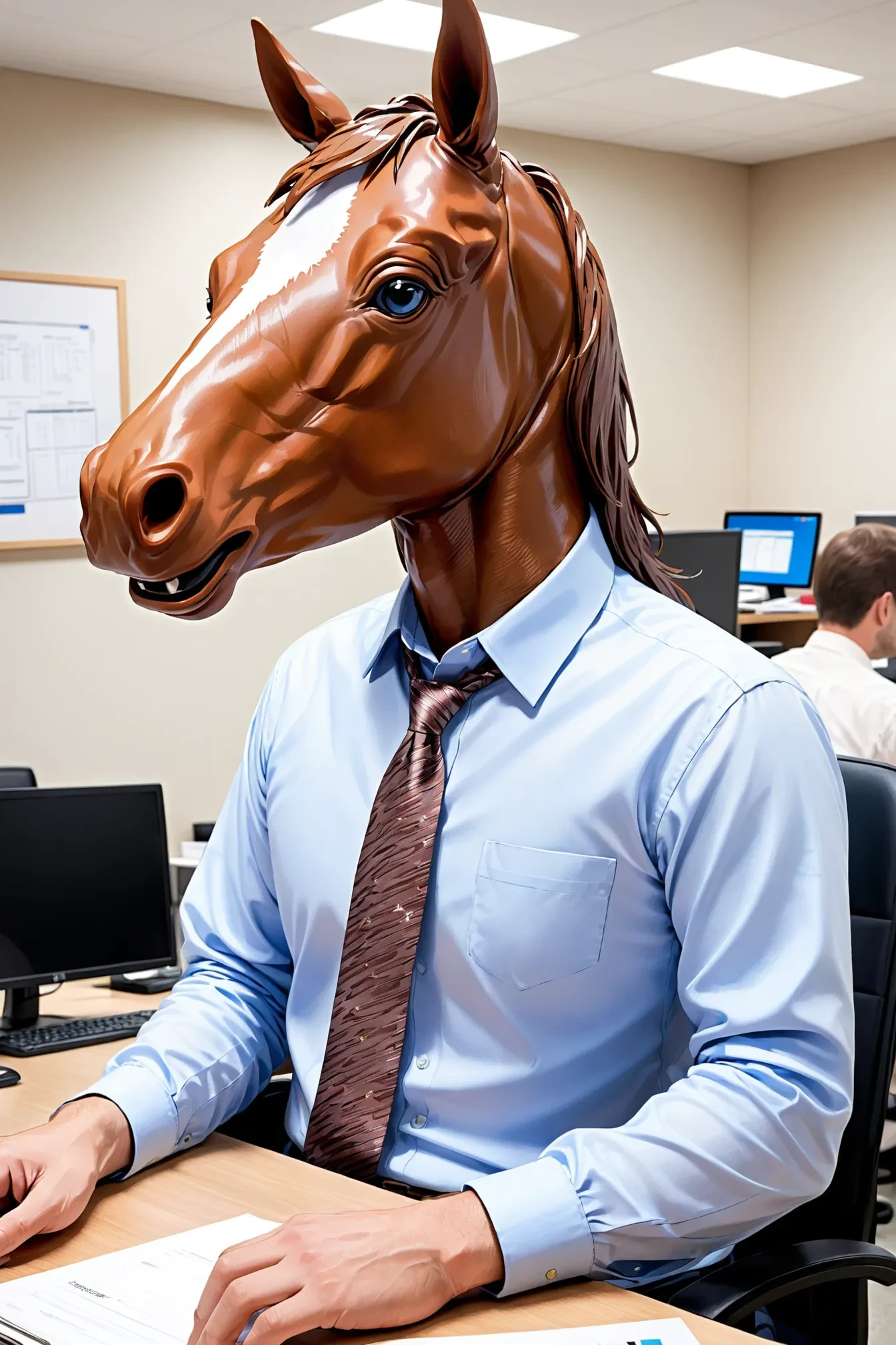 photo, horse head man, office