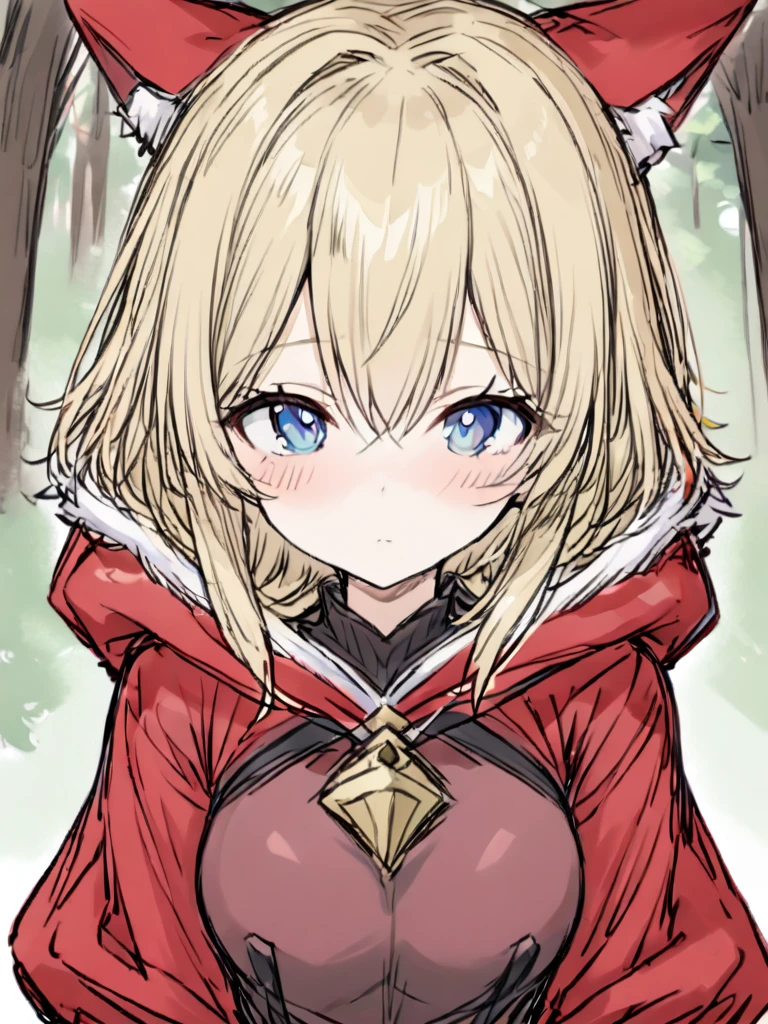 1girl,red hood,hood down,expressionless,looking at viewer,blonde hair,blue eyes,upper body,facing viewer,blush,fur trim, forest, 
masterpiece,best quality,<lora:blacksoulsXL-000007:1>,