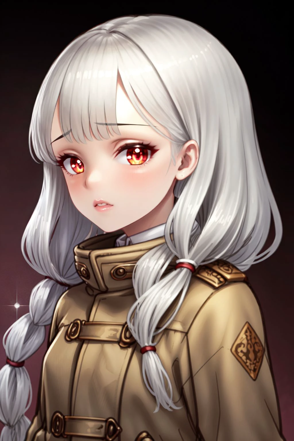 solo, 1girl, looking at viewer, pupils sparkling, light grey hair, twin braids, small breasts, dark brown duffel coat, red background, portrait, <lora:Yapo_(croquis_side)_style_v01.99.10:1>