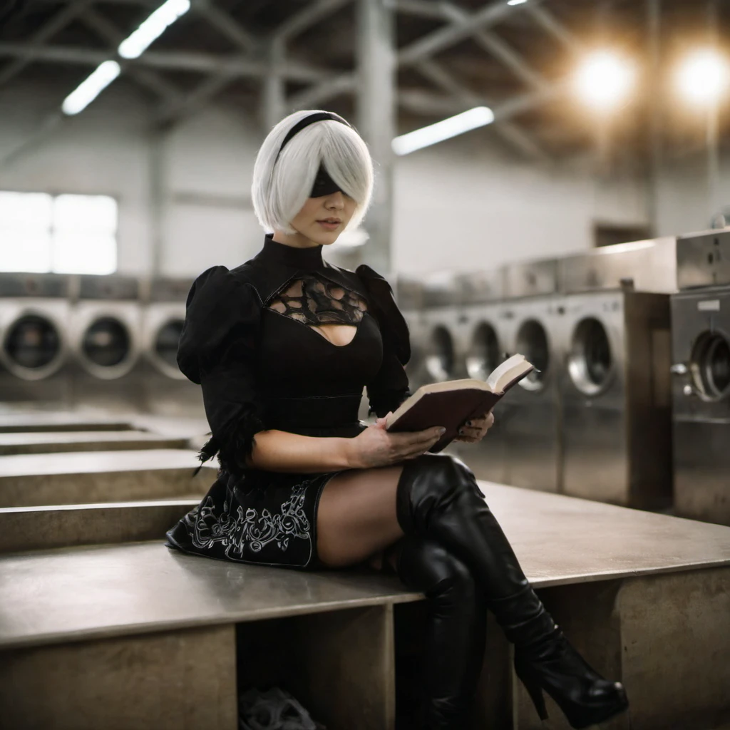 a woman in a black outfit dress, ((reads a book sitting in a laundrymat))<lora:2B_Nier_Automata_1024:0.8>