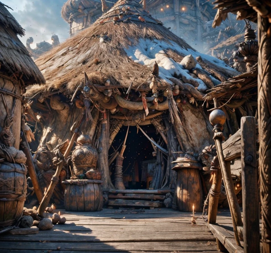 (masterpiece:1.2), (best quality,:1.2), 8k, HDR, ultra detailed, ((photorealistic)), perfect anatomy, professional light, cinematic lighting, fashion photography, ambient lighting,<lora:detail_slider_v4:3>, OverallDetail, a primitive orc hut with a wooden fence around, savi, <lora:SavageVillage-10:0.95>, epiCPhoto