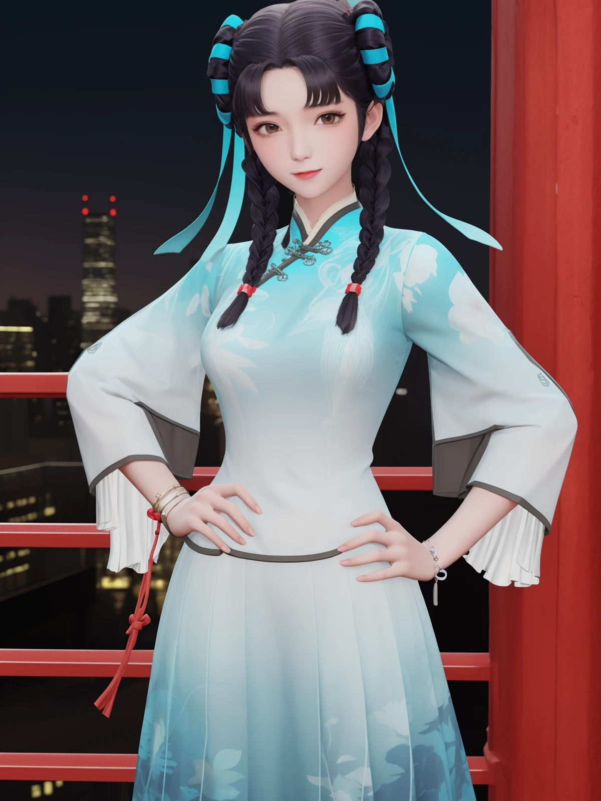 WZRYxishiSYJN, 1girl, solo, jewelry, bracelet, dress, black hair, twin braids, looking at viewer, chinese clothes, long hair,brown eyes, wide sleeves, blue ribbon,<lora:WZRYxishiSYJN:0.75>,cityscape, night, hand on hip,