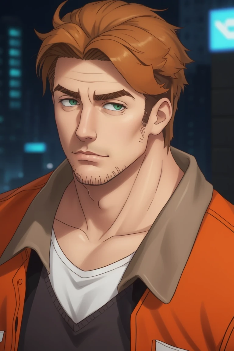 (1 image only), solo male, Gagumber, Sakugan, physical laborer worker, brown hair, two-tone hair, stubble, green eyes, thick eyebrows, (white tank top), (orange High-visibility jacket), open jacket, green work pants, black boots, black gloves, mature, handsome, charming, alluring, smirk, ((portrait, close-up)), perfect anatomy, perfect proportions, high_resolution, dutch angle, detailed background, cyberpunk city<lora:EMS-308232-EMS:0.700000>