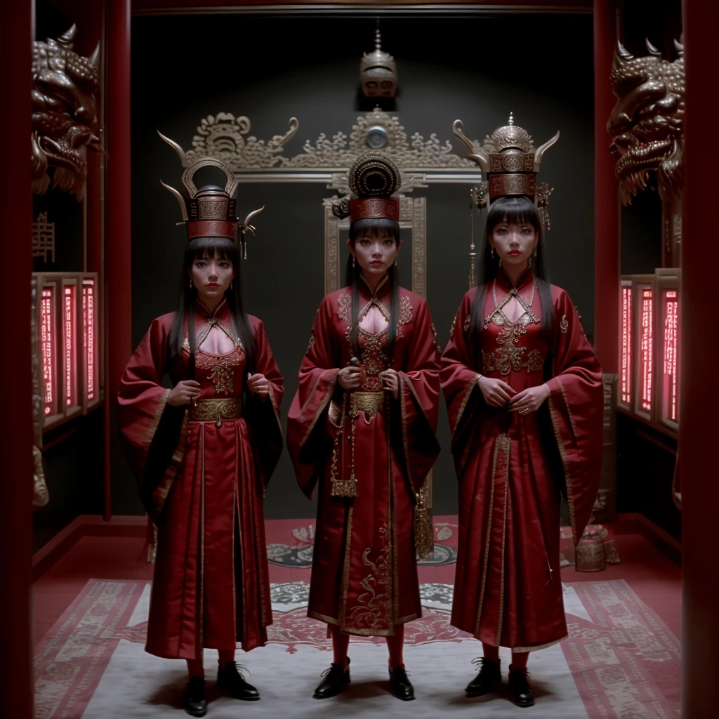 a three female demons standing in a room, highly detailed, sharp focus <lora:Big_Trouble_in_Little_China_v1:1> btilcstyle