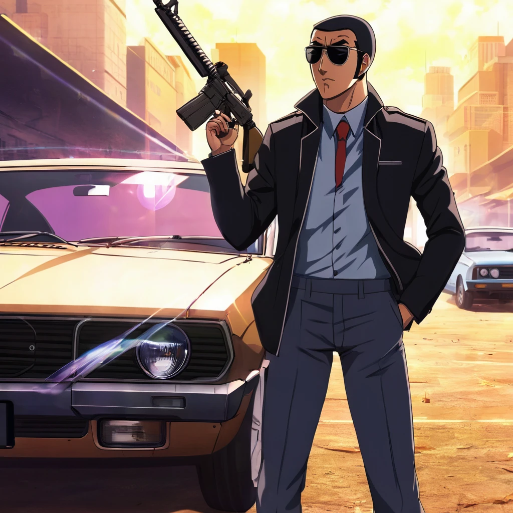 anime artwork of  <lora:Golgo 13:1>
golgo 13,duke togo,a man in a suit holding a gun standing next to a car,solo,black hair,1boy,jacket,weapon,male focus,sweater,black jacket,gun,sunglasses,ground vehicle,motor vehicle,lens flare,car,vehicle focus ,  Japanese, manga, anime, animation, professional assassin, customized, scoped M16 rifle, anime style, key visual, vibrant, studio anime,  highly detailed