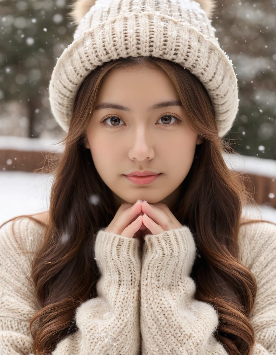 masterpiece, best quality, raw photo, realistic, adult girl, (close up), looking at viewer, long hair, sweater, sweater hat, extremely beautiful detailed face, best shadow, medium breasts, (cute face, temptations look), supporting head on hands, snowing background, (sepia photography), (professional photo, balanced photo, balanced exposure)