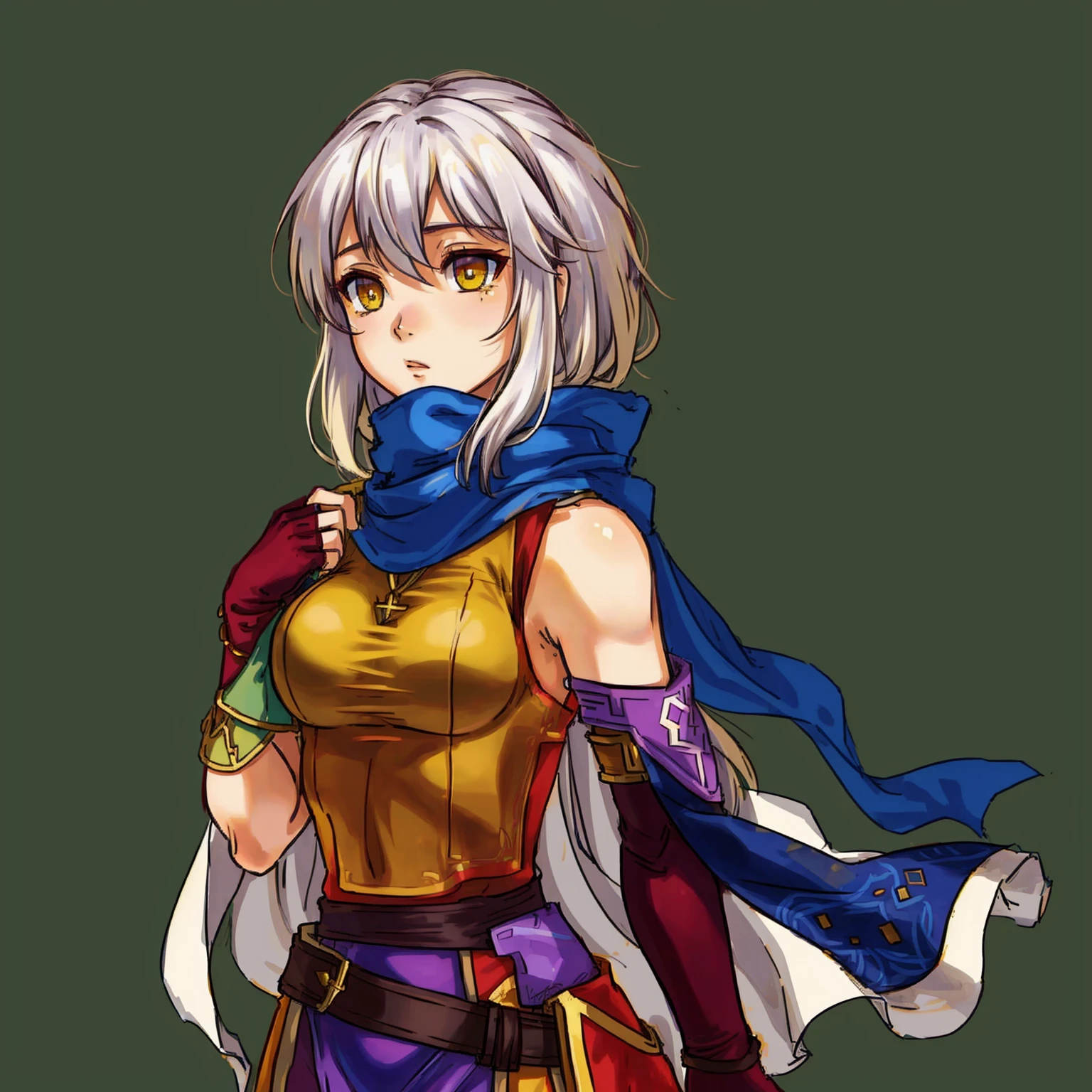 FireEmblem, (Simple background, green background:1.3), BREAK 1girl, solo, micaiah \(fire_emblem\), (white hair, maroon clothes, dark yellow eyes, blue scarf,:1.2), upper body, hand on chest, serious, dress, side slit, black elbow gloves, pantyhose, sleeveless dress, fingerless gloves, jewelry, bracelet, belt, bare shoulders