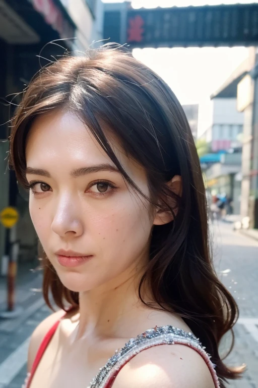 Best quality,masterpiece,ultra high res,(photorealistic:1.2),1girl,low key,taipei street alley,dynamic pose,face closeup,brown hair,looking_at_viewer,<lora:ann_hsu:0.9>,