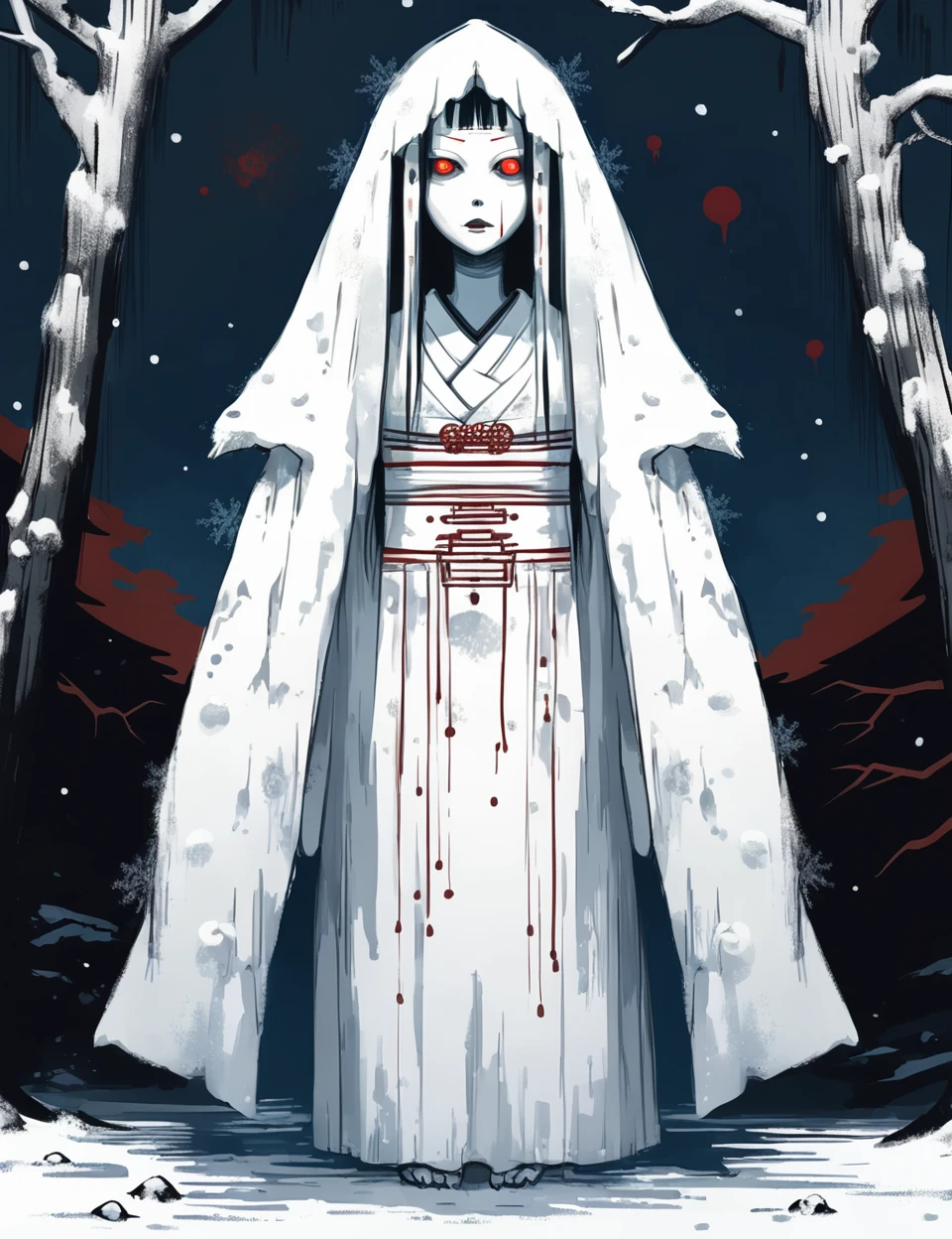 DonMC1rcu17Pl4nXL,2D,sketch,snow女, japanese snow ghost, woman, Cold and ethereal beauty, Red Hanfu, Black long hair, Pale skin, Haunted eyes, winter, snow, Haunted, supernatural, Styx, Devilish expression ,