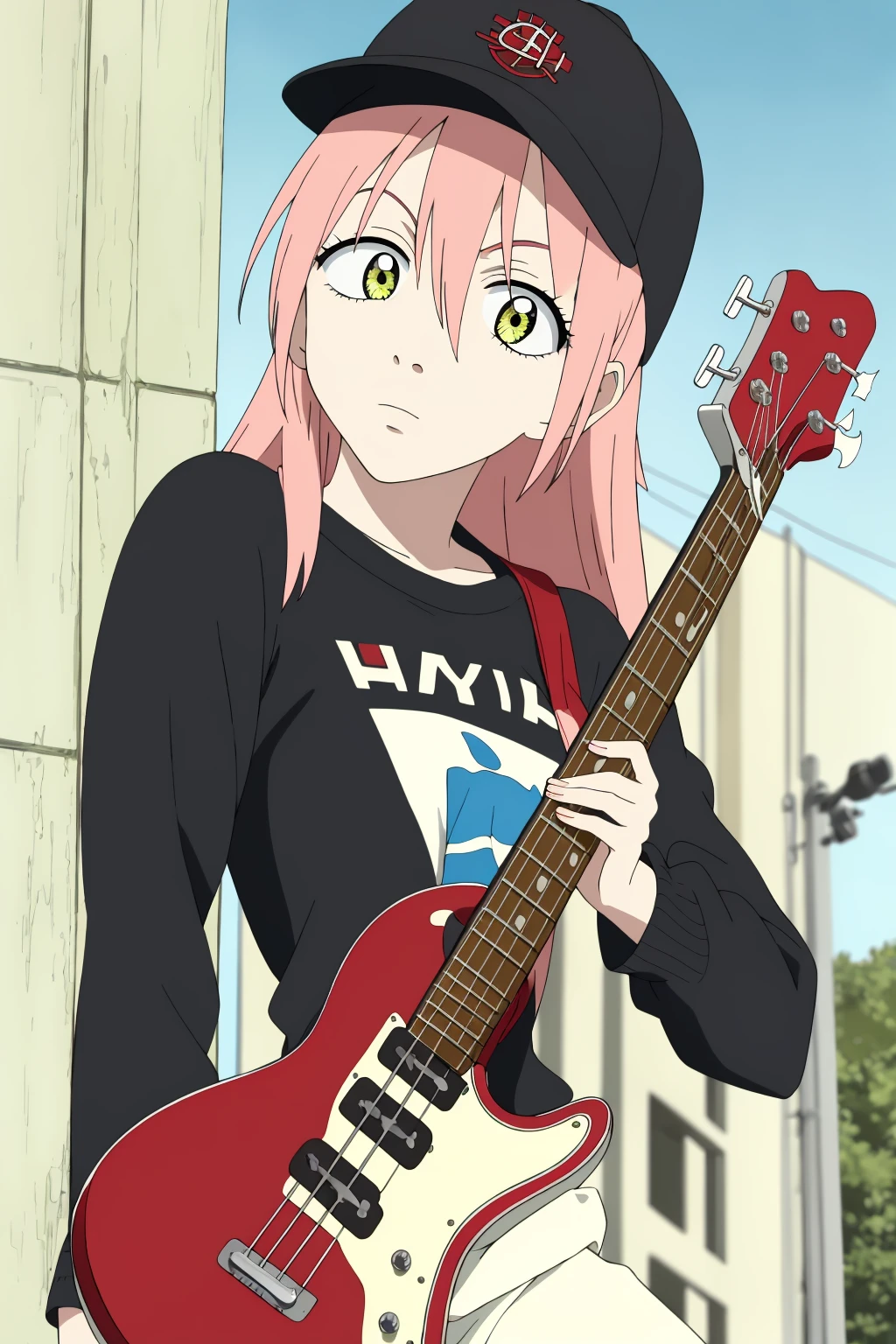 ((best quality)),((highly detailed)),masterpiece,absurdres,detailed face,beautiful face,(detailed eyes, deep eyes),1girl,((dynamic pose)) , <lora:HarukoV1:0.8>,haruko, solo, instrument, hat, guitar, shorts, pink hair, outdoors, electric guitar, bass guitar, long hair, sky, long sleeves, looking at viewer, standing, shirt, yellow eyes