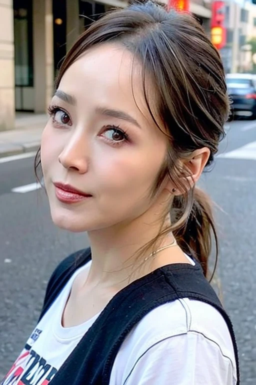 Best quality,masterpiece,ultra high res,(photorealistic:1.2),1girl,low key,taipei street alley,dynamic pose,face closeup,<lora:patty_hou:0.9>,brown hair,short ponytail,looking_at_viewer,