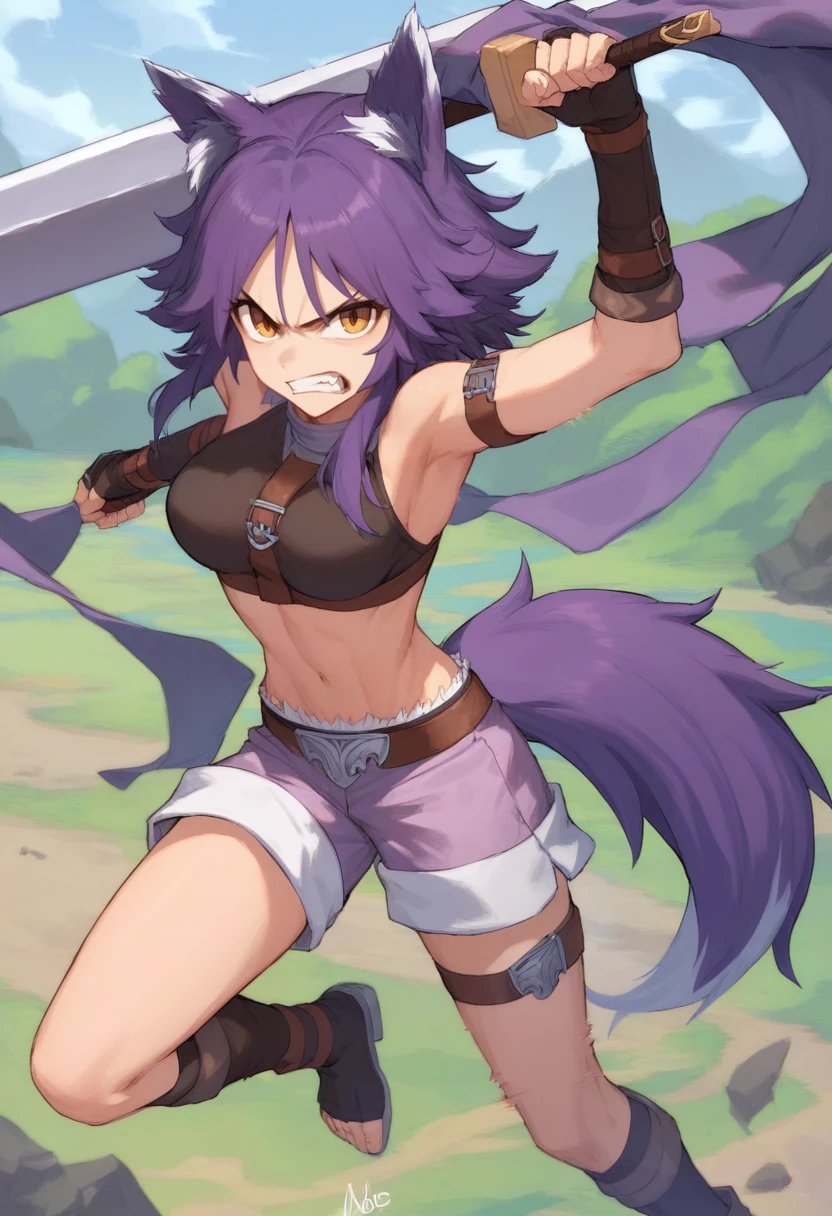 score_9, score_8_up, score_7_up, score_6_up, 1girl, source_anime BREAK  <lora:makotopri_ponyXL-beta-07:1.0>, regMakoto, wolf girl, wolf tail, medium breasts, [jumping|standing on one leg], holding sword, arm up,slashing,  huge sword, fighting, purple shorts, crop top, belt, arm belt, arm strap, fingerless gloves, full body, dynamic, (angry:0.8), incoming attack, clenched teeth, looking at viewer,