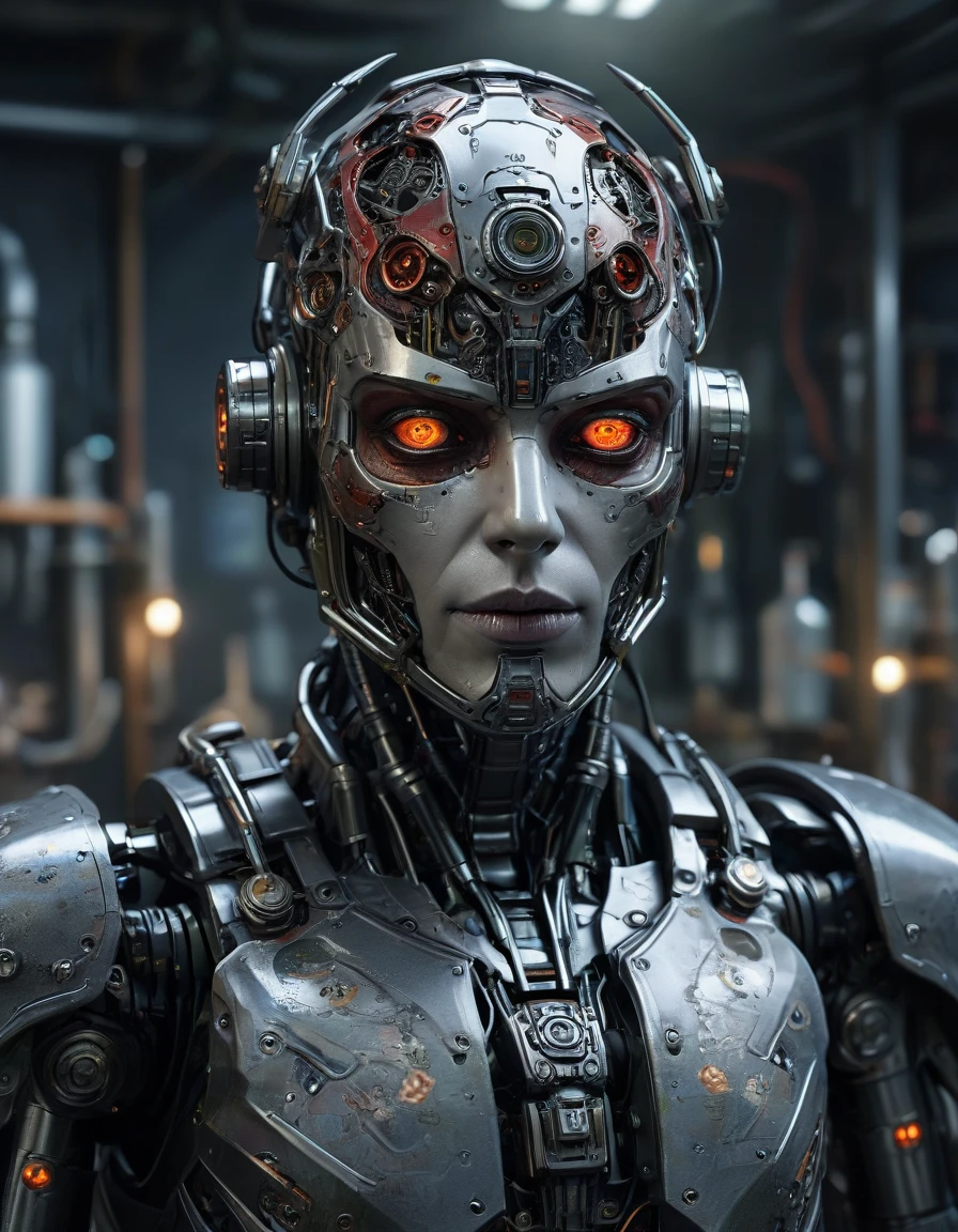 Cyberpunk, sci-fi, dark-fantasy, kodak portrait 400, 8k, soft light, volumetric lighting, highly detailed, britt marling style 3/4, portrait photo of a war man cyborg robot in a chemical laboratory + face, intricate, elegant, highly detailed, devil-armor, 2D motifs detailed dark fantasy digital painting, artstation, concept art, smooth, sharp focus, illustration,