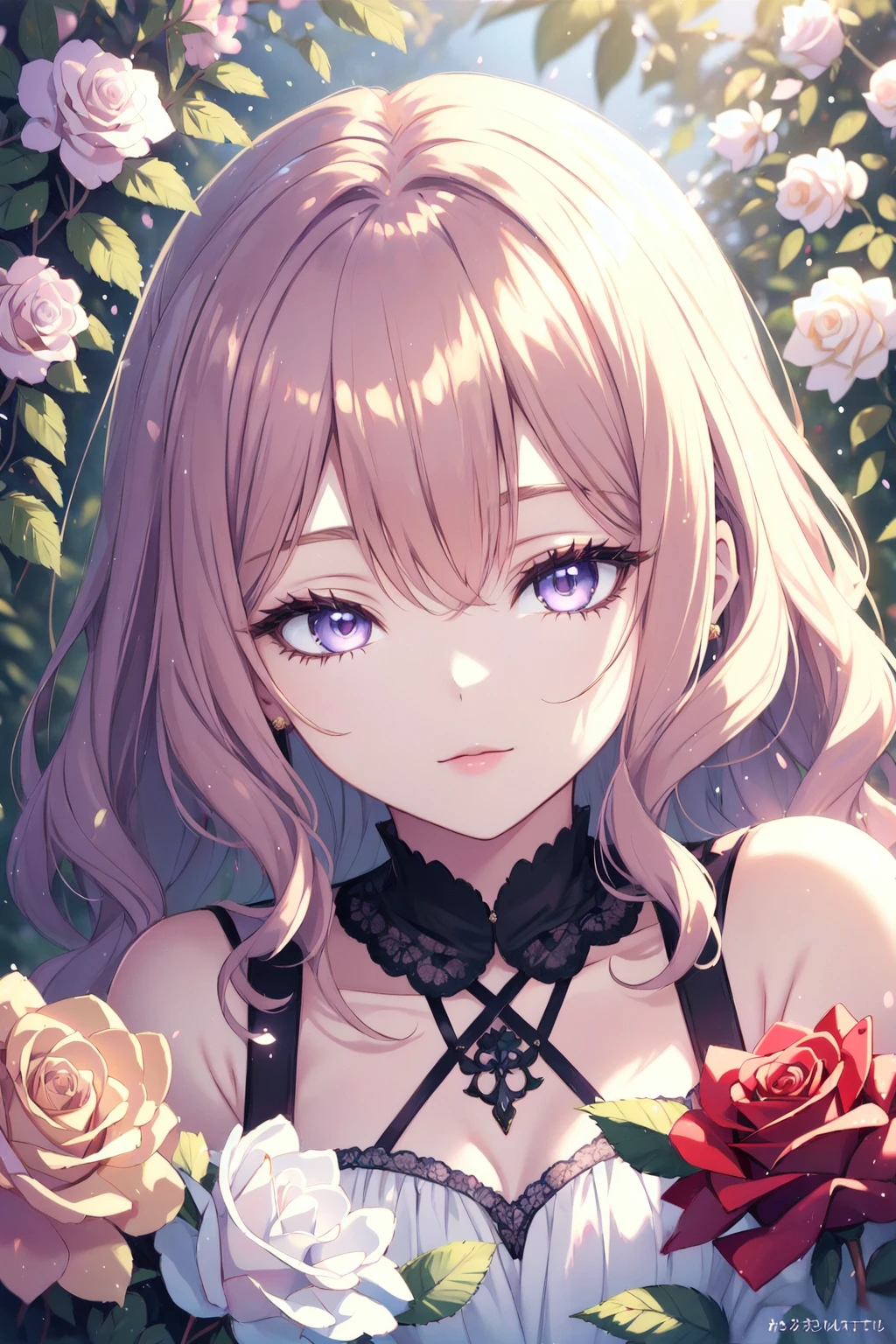 soft focus, close-up, angelic , curly golden hair, pastel-colored dress, blooming rose garden, pastel art, glowing edges