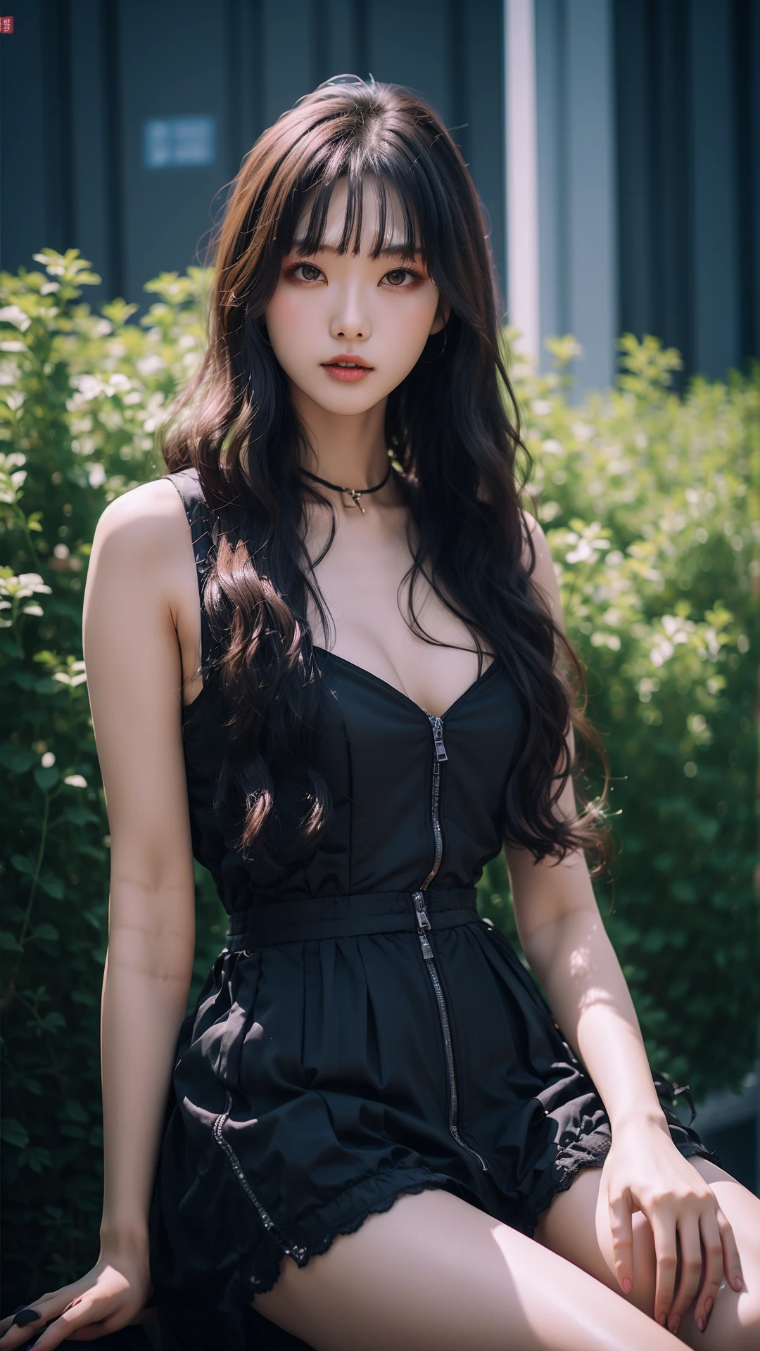 Big breasts,Low-cut outfits,a woman with long hair sitting on a bench in a black dress and black heels with her legs crossed,Boobs, plump, sexy, lace edges, black silk,xuer hologram Laser dress