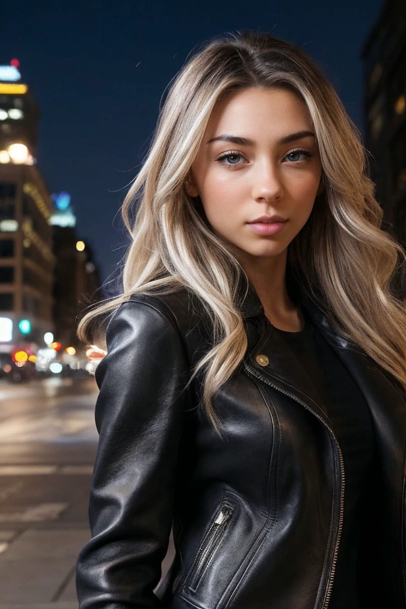 headshot of S335_PetraKero,a gorgeous woman,in a (city:1.1),wearing a (leather-coat:1.1),(cityscape),(4k, RAW photo, best quality, depth of field, ultra high res:1.1),(absurdres, intricate, photorealistic, masterpiece, ultra-detailed:1.1),