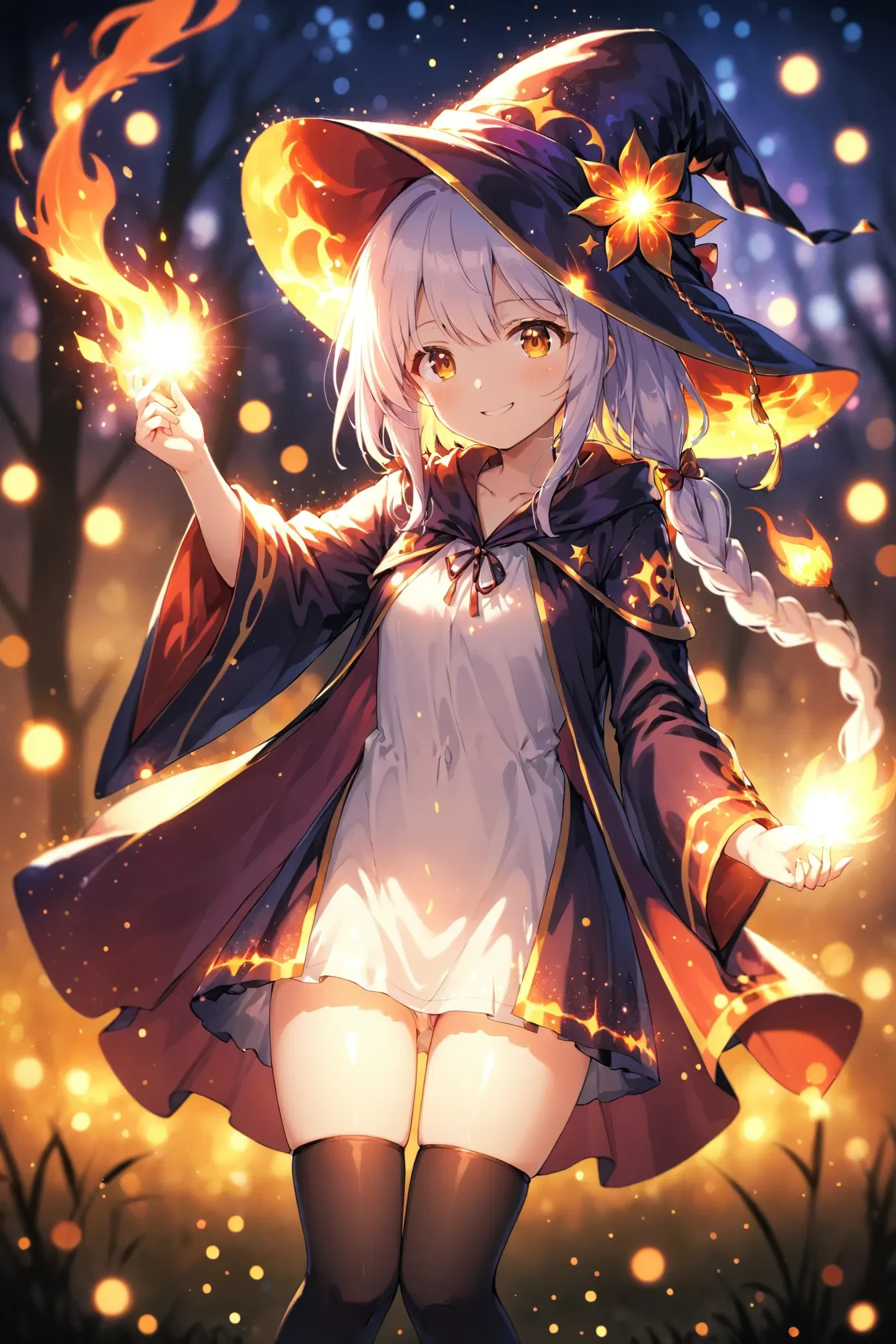 anime, girl, wizard hat, robe, thighhighs, close-up, happy, magic, fire, bokeh, depth of field, transparent, light particles, bloom effect