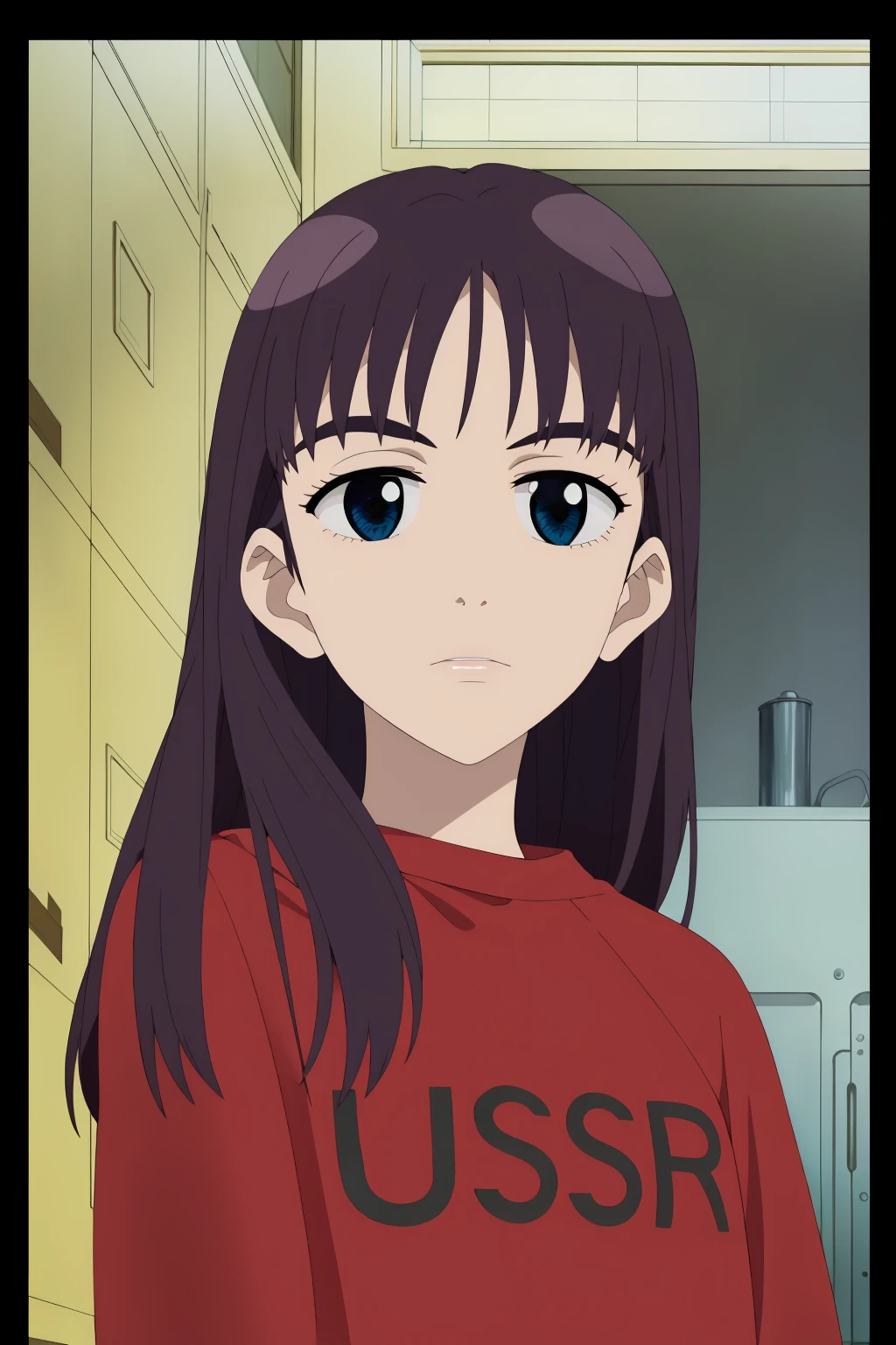 ((best quality)),((highly detailed)),masterpiece,absurdres,detailed face,beautiful face,(detailed eyes, deep eyes),1girl,((dynamic pose)) , <lora:EriV1:0.8>,eri, solo, long hair, shirt, looking at viewer, red shirt, upper body, clothes writing, blue eyes, purple hair, thick eyebrows, parted lips, night, bangs, frown, door, indoors, sweater, looking down