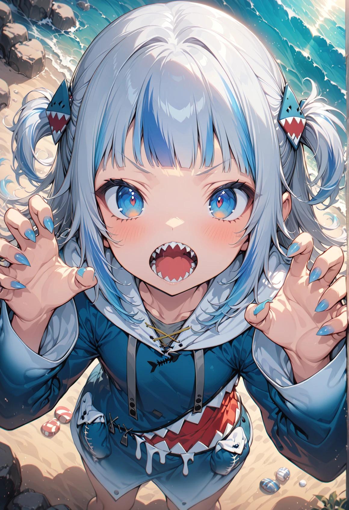 crying, tearing up, tears, blush, (masterpiece,best quality),double v, looking at viewer, upper body, cinematic angle, depth of field, outdoors,1girl, gawr gura, virtual youtuber, tail, fish tail, shark tail, solo, blue eyes, multicolored hair, grey hair, full body, blue hair, streaked hair, bangs, hair ornament, shark hair ornament, two side up, white background, hood, blunt bangs, shark girl, hoodie, simple background, blue hoodie