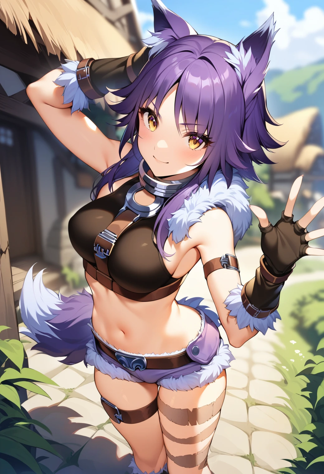 masterpiece, best quality, 1girl, solo,  <lora:makotopri_XL-beta-10:1>, defMakoto, wolf girl, wolf tail, fluffy, crop top, purple shorts, fur trim, metal collar, bare shoulders, arm belt, standing, fingerless gloves, midriff, arm strap, thigh strap, belt, thigh belt, light smile, outdoors, village, depth of field, looking at viewer, morning, waving arm, arm up, beckoning, (bird flying in the horizon:0.2), (toned, thighs:0.6)