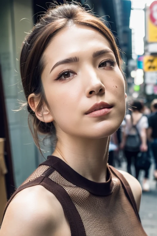 Best quality,masterpiece,ultra high res,(photorealistic:1.2),1girl,low key,taipei street alley,dynamic pose,face closeup,brown hair,looking_at_viewer,<lora:ann_hsu:0.9>,high ponytail,