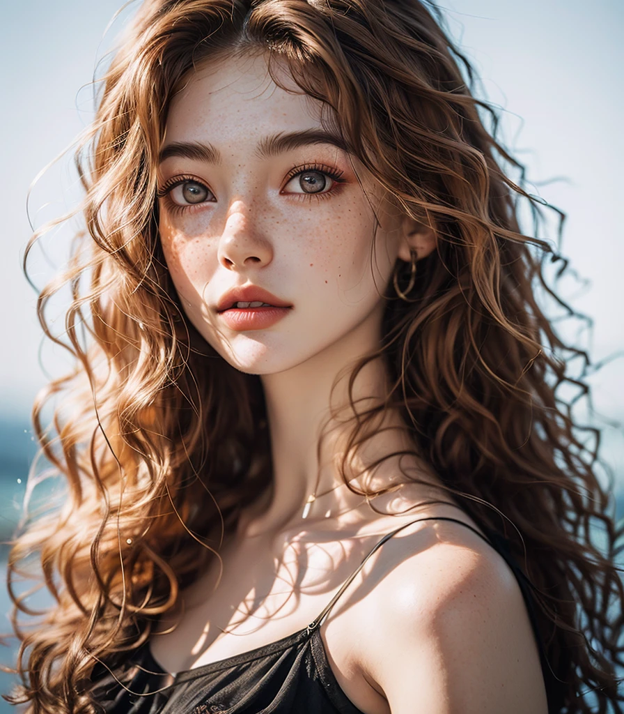 a woman with long hair and a bra top on posing for a picture with her hands on her hips,a close up of a doll with freckles on her face and hair blowing in the wind,<lora:æ¥ç³»æ¨¡ç¹:0.75>,