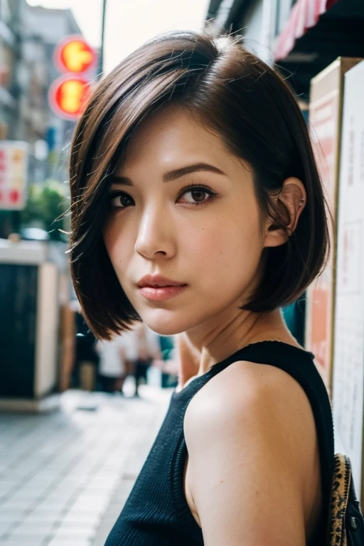 Best quality,masterpiece,ultra high res,(photorealistic:1.2),1girl,low key,taipei street alley,dynamic pose,face closeup,brown hair,looking_at_viewer,short hair,<lora:ann_hsu:0.9>,