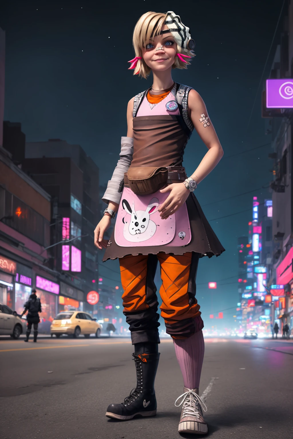 masterpiece, best quality,
1girl, tinytina, blonde hair, short hair, blue eyes, mask on head, bandaid on nose, apron, boots, detached sleeves, pants, sneakers, asymmetrical clothes,
upper body, crazy smile, solo, night, city light, standing, night sky, cyberpunk city background   <lora:TinyTina:1>