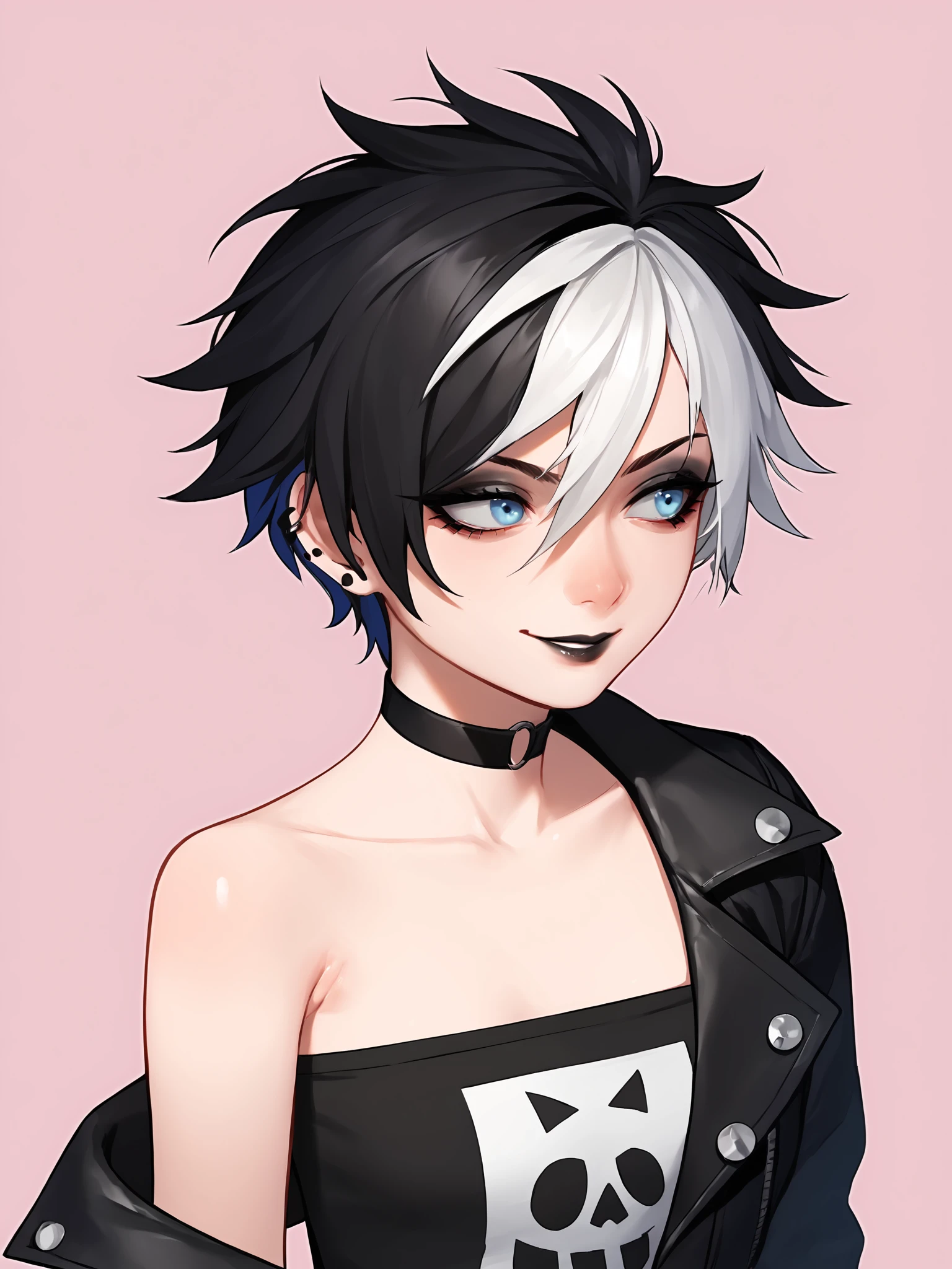 score_9, score_8_up, score_7_up, score_6_up, score_5_up, score_4_up, rating_safe,
BREAK
girl with black hair, short hair, messy hair, tomboy, light blue eyes, black eyeshadow, multicolored hair, streaked hair, white hair, black lips, looking away, adult, mature, seductive smile,
BREAK
solo, portrait, close-up, black tube top, punk, black punk jacket, black choker, small breasts, strapless,
BREAK
pink background, <lora:Lunas-Beeeeen-SDXL-A1:1>