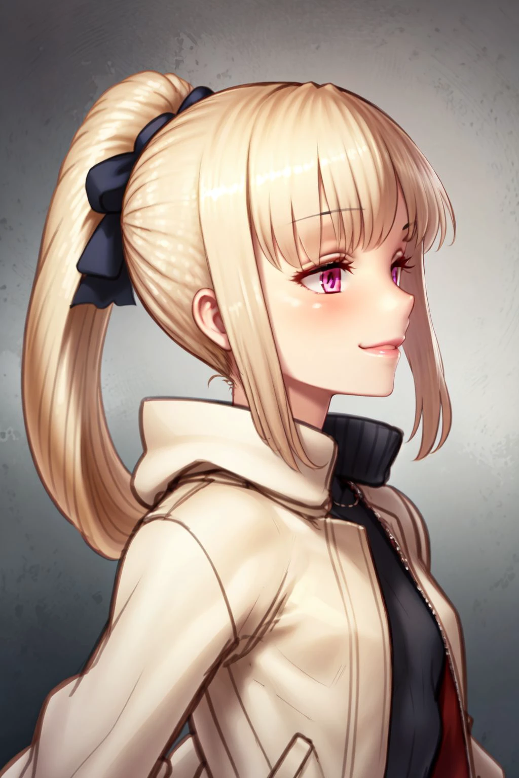 solo, 1girl, looking away, kind smile, beige hair, front ponytail, small breasts, pink transparent raincoat, projected inset, portrait, <lora:Yapo_(croquis_side)_style_v01.99.10:1>